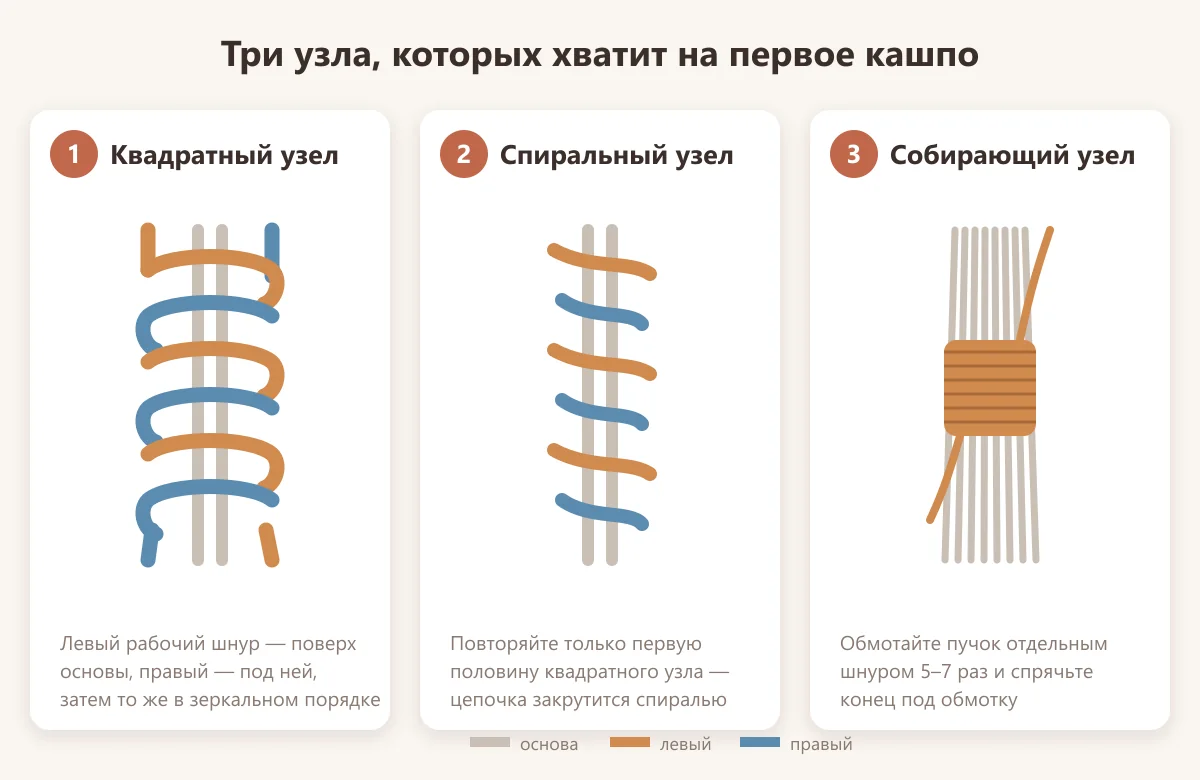 схемы узлов макраме: квадратный, спиральный и собирающий узел